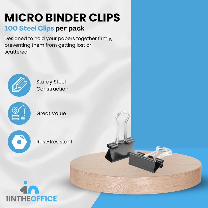 1InTheOffice Micro Binder Clips  Paper Clamps Micro Size  Black  ""100 Clips"" - Image 2